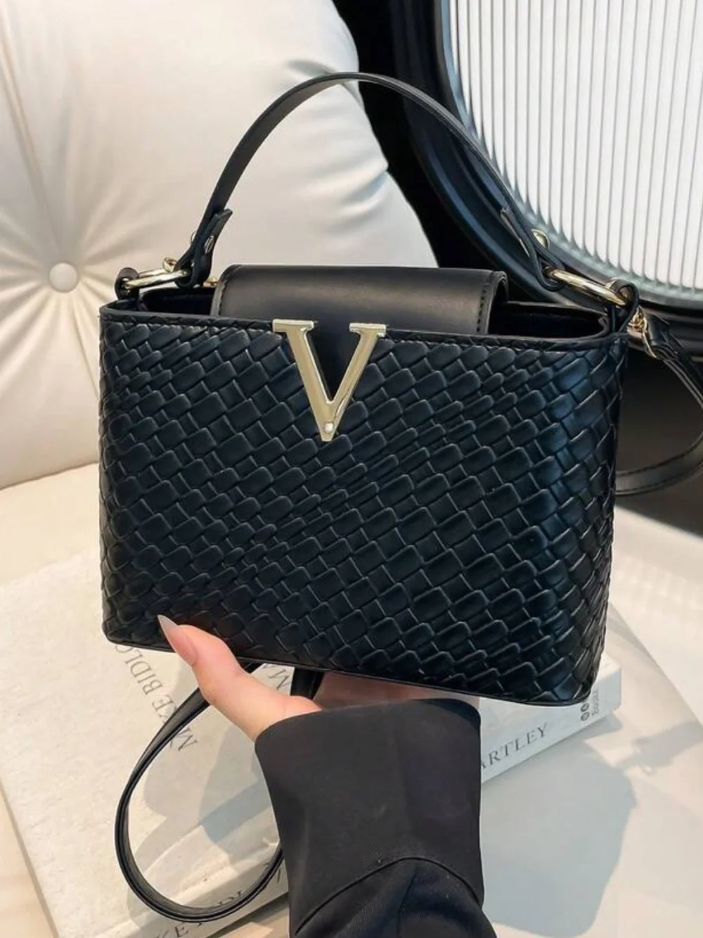 Black Woven Shoulder Bag with Gold V Accent